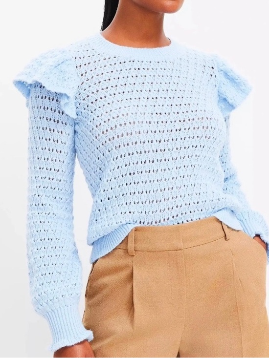 LOFT Sweaters - LOFT Pastel Blue Shoulder Ruffle Open Knit Sweater Size